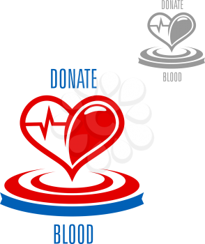 Red heart with blood drop and heartbeat cardiogram line, supplemented by circles and caption Donate Blood. Healthcare and medicine, saving life and blood donation concept 