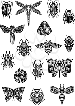 Flying and crawling insects in tribal style for tattoo or decoration design with ornamental butterfly and dragonfly, bee and wasp, hornet and ladybug, ant and bumblebee, cricket and firefly, stag beet
