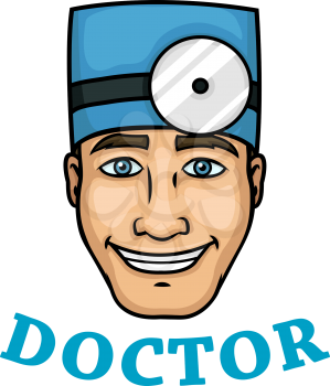 Charming smiling male doctor character with blue medical scrub hat and frontal reflector. Isolated colorful portrait with caption Doctor for medical stuff profession concept design