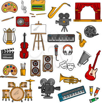 Musical instruments  and microphone, paints and pencils, easel and record player, headphones and loudspeakers, retro movie cameras, film reel and clapperboard, theater scene, tragedy and comedy masks 