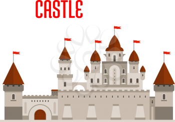 Fantasy royal castle building with beautiful palace in roman style with balconies, round turrets, conical roofs and flags, protected by guardhouse, curtain walls and corner towers. Fairytale, game and