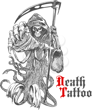 Terrible grim reaper or death with scythe character. Sketch of spooky skeleton wearing long hooded cape with reaper in bony hand. For tattoo, t-shirt print or Halloween design usage