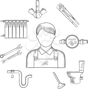Plumbing services sketch symbol of male plumber in uniform with spanners, water faucet, pipe with leak on connection, toilet, heating radiator, adjustable wrench, water meter and plunger. Profession t