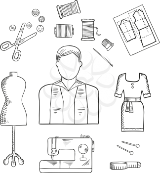 Tailor or fashion designer profession sketch icon with male dressmaker, scissors, sewing machine, needle with threads, buttons and trimble, mannequin, tape measure, paper pattern and stylish cocktail 