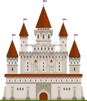 Medieval ancient castle icon of light gray stone fortified residence of king or lord with high keep, surrounded by watch walls and guardian towers, topped with waving flags. Children book, architectur