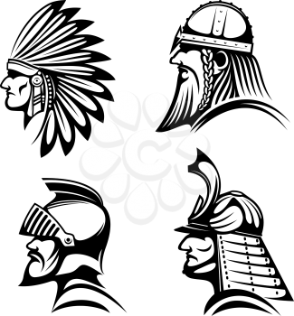 Ancient warriors in helmets icons with profiles of medieval knight, bearded viking soldier, japanese samurai and native american indian in feather headdress. May be used as history symbol, war mascot 