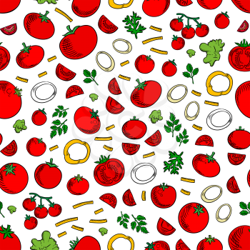 Seamless ripe juicy red tomatoes vegetables pattern with sweet cherry tomatoes, fresh green lettuce and twigs of parsley and dill over white background. Kitchen interior or organic farming design usag