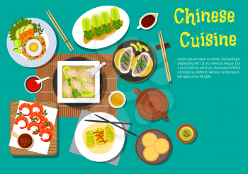 Traditional chinese food set out on a table flat icon with top view of egg fried rice, grilled shrimps skewers, dumplings, served with bok choy, spring rolls, sesame bread, blanched bok choy with vine