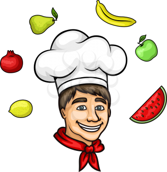 Attractive young chef cartoon character, wearing white cook hat and red neckerchief, with summer fresh apple, pear, banana, lemon, pomegranate and watermelon fruits above head. May be used as restaura