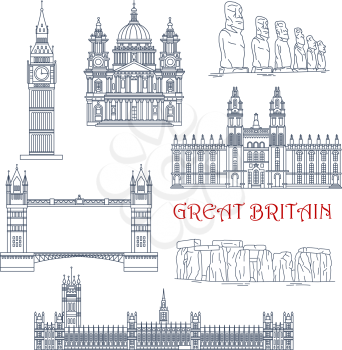 Linear architecture and historical landmarks of Great Britain and Chile for travel and tourism design with thin line icons of Big Ben, Stonehenge, Tower Bridge, Windsor Castle and St Paul Cathedral an