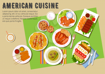Bbq party with american cuisine menu flat icon with grilled ribs, chicken legs, bell peppers, served with french fries, tomato and garlic sauces, hot dogs and kebabs with mustard and ketchup, cobb sal