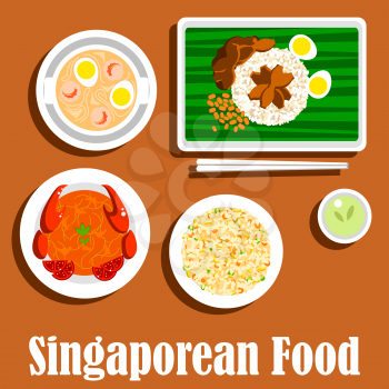 Singaporean dinner icon with flat symbols of fried rice nasi goreng, chilli crab, spicy noodle soup laksa with prawns, chicken rice with hard boiled eggs and chicken liver, served on banana leaf with 