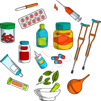 Alternative herbal and conventional medicine drugs with colorful symbols of medicine bottles, pills, drops, syringe, capsules, marble mortar and pestle with green herbs, crutches, pipette, enema and o