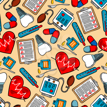 Colorful medical background for hospital or health care theme design usage with medicine bottles, hearts with pulse, pills, thermometers, blood pressure monitors,tooth implants and clipboards