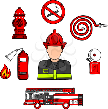 Colored sketch of fireman in protective uniform and red helmet with fire truck, water hose, hydrant, no smoking sign, flame and fire alarm. Great for fire protection theme or professions design usage