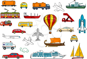 Colored sketches of various modes of transportation with cars and taxi, airplanes, ambulance, bus, fishing boat and yacht, railroad tank car and tanker truck, electric train and car, cruise liner, hot