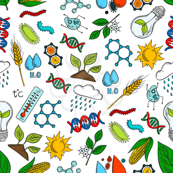 Seamless genetic engineering and agricultural crops pattern with green plants, corn vegetables, wheat ears, DNA and chemical molecules of water, cells, pests and parasites, thermometers, rains and sun
