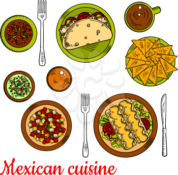 Traditional mexican taco, filled with fresh vegetables and bacon, crunchy nachos, enchiladas, served with beans, tomatoes and melted cheese, chopped salad, beef and bean stew, green and red salsa sauc