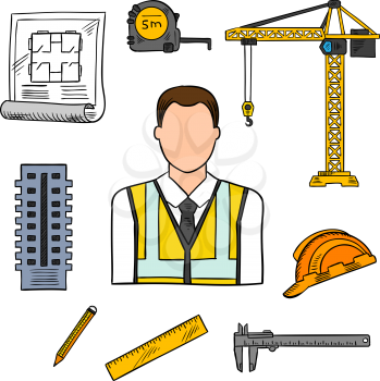 Civil engineering professions design of architectural engineer in yellow high visibility vest with architects drawing, pencil, ruler, building, protective hard hat, measure tape and vernier caliper. S