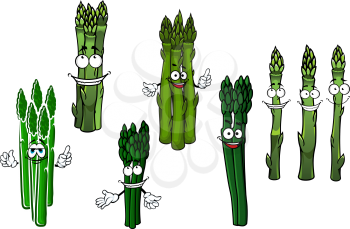 Organically grown wholesome cartoon bundles of asparagus vegetables characters with juicy green spears and happy smiling faces. Use as vegetarian recipe, agricultural harvest or kitchen interior desig