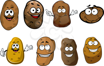 Organically grown funny ripe potatoes vegetables cartoon characters with rough brown peel and happy smiling faces. Great for agriculture harvest, recipe book or children menu design