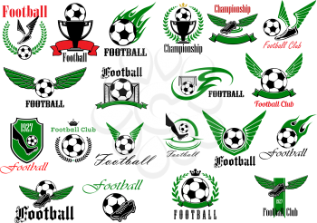 Winged football or soccer balls and shoes with trophies and gates signs for sporting club, team or competition design framed by heraldic shields and laurel wreaths, ribbon banners and flames