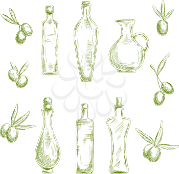 Retro sketch drawings of wholesome organic olive oil in decorative figured glass bottles with cork stoppers and old fashioned jug, flanked by fresh olive fruits. Agriculture or healthy nutrition theme