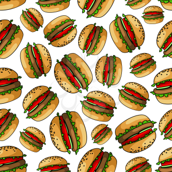 Seamless fresh juicy burgers background pattern of american bbq hamburgers with grilled meat, fresh tomatoes, cucumbers and lettuce on wheat buns. Use as picnic party theme or fast food cafe interior 