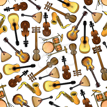 Seamless cartoon drums, violins and saxophones, acoustic and electric guitars, indian sarods and russian balalaikas pattern over white background. Use as classic and ethnic musical instruments theme d