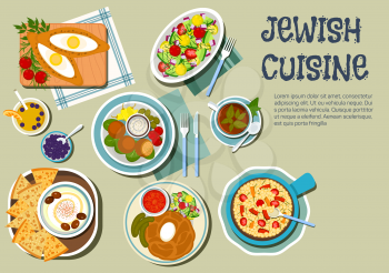 Shabbat day dishes of jewish cuisine icon with flat symbols of cholent stew, served with pickles and tomato sauce, hummus with olives and matzah, falafels with garlic sauce and vegetables, chickpea wa