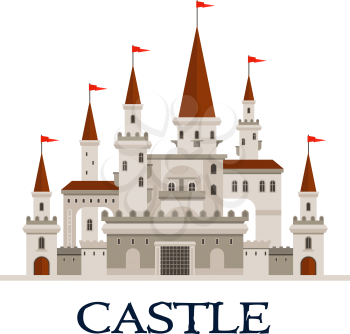 Gothic castle fortress icon with arcade palace with arched windows, balconies and terrace, towers and turrets with flags, gatehouse with lifting forged lattice of the fortress gates