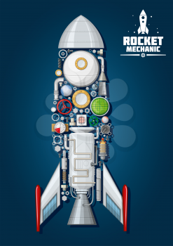 Rocket mechanics symbol of modern spaceship with detailed engine parts and body structure such as nose cone, fins and access hatch, nozzle and portholes, combustion chamber and pumps, fuel tank and ge