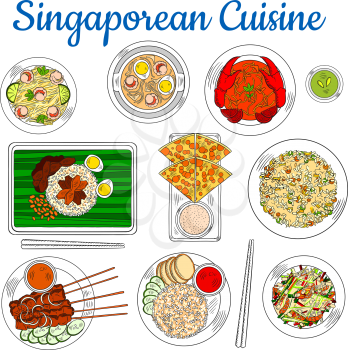 Colorful national dishes of singaporean cuisine sketch symbol with popular chilli crab, fried rice and beef satay, flatbread with tartar sauce, spicy shrimp soup and fried noodles, chicken liver with 