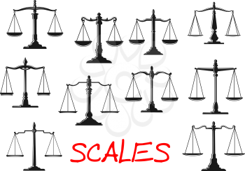 Dual balance scales icons with vintage mechanical beam balance scales with decorative stands, figured levers and weighing pans. Scales of justice and balance themes design usage