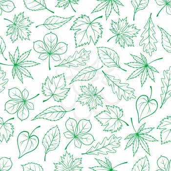 Seamless carved green leaves pattern for ecology theme or retro wallpaper design with sketched foliage of maple and oak, chestnut and basswood trees and grape vines randomly scattered on white backgro