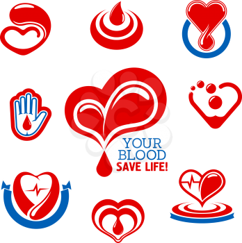 Glossy red hearts icons made up of drops of blood with heartbeat lines and hand with blood drop symbol. Use as blood donation, health care and medical charity themes design 