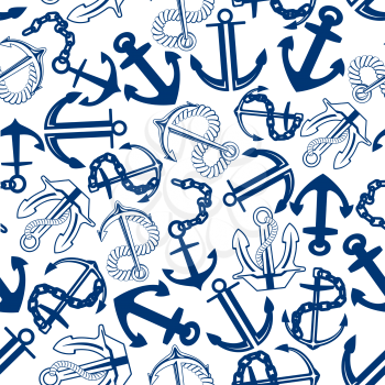 Retro marine anchors with chains and ropes seamless pattern for nautical adventure or vacation themes design with blue admiralty and stockless anchors over white background