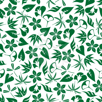 Seamless emerald green sprouts of bamboo and palm, leaves of clover and ginkgo biloba, twigs of aloe vera and poinsettia pattern on white background. May be use as fabric print or wallpaper design 