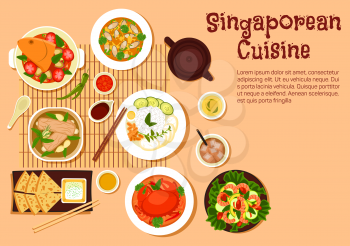 Popular singaporean seafood dishes flat symbol with chilli crab and nasi lemak rice, flatbread roti prata served with tartar sauce, fish head and mussel curries, pork rib soup and shrimp salad with fr