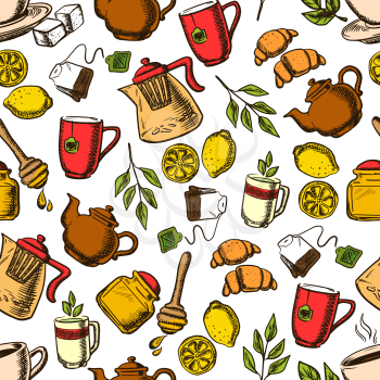 Aroma herbal, black and green tea drinks retro background with seamless pattern of cups and mugs of fresh brewed beverages with teabags and green leaves, lemons fruits and croissants, teapots and hone