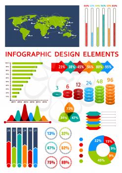 Colorful infographic symbols with shipping routes and ship icons, step diagrams with circles and arrows, bar graphs and histograms, petal and pie charts