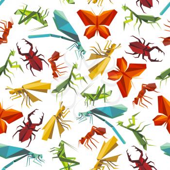Seamless paper origami insects pattern background for nature theme design with colorful butterflies and ants, dragonflies, beetles and grasshoppers, mantises and locusts