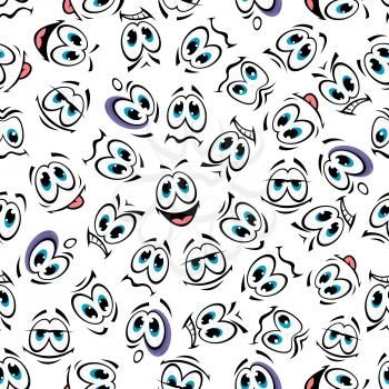 Seamless cartoon smiley faces pattern of funny emoticons characters with various emotional expressions, punched eye and tongue out on white background. May be use as comics theme or interior accessori