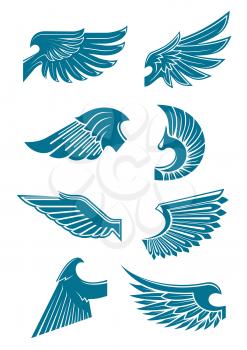 Blue wings heraldic symbols for tattoo, t-shirt print or emblem design with angel or bird wings with long and stiff flight feathers and curved shoulders