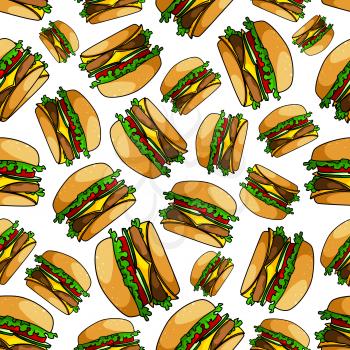 Seamless double cheeseburgers pattern background of fast food sandwiches with ground beef patty, fresh tomatoes, cucumbers and lettuce, slices of swiss and cheddar cheese