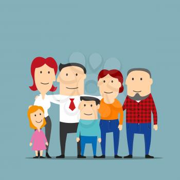 Portrait of cartoon extended family with happy smiling father and mother, cute daughter, son and grandparents. Great for family, parenthood and marriage themes design usage