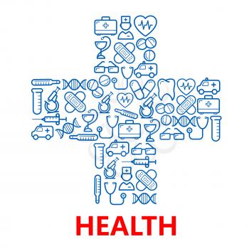 Blue medical hospital cross symbol with outlined icons of doctors and ambulances, pills and stethoscopes, microscopes, test tubes, hearts, tooth and DNA, first aid kits and syringe, glasses, plasters 