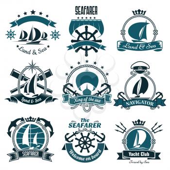 Sailing ships and sporting sailboats icons for yacht club, sailing sports or marine travel design including helms and anchors, spy glasses and tridents, framed by ribbon banners and ropes, compasses a
