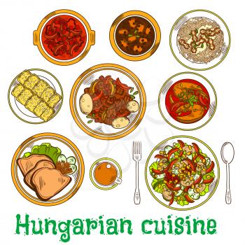Traditional hungarian meat stew sketch icon served with vegetable salads seasoned with vinegar, bean and fish soups, pasta topped with cottage cheese and bacon, goose liver and chimney cakes with tea