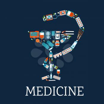 Medicine and pharmacy symbol with bowl of hygeia silhouette composed of flat icons of medicines, stethoscope and blood bags, dentist instruments and teeth with braces, x rays, blood pressure and ecg m